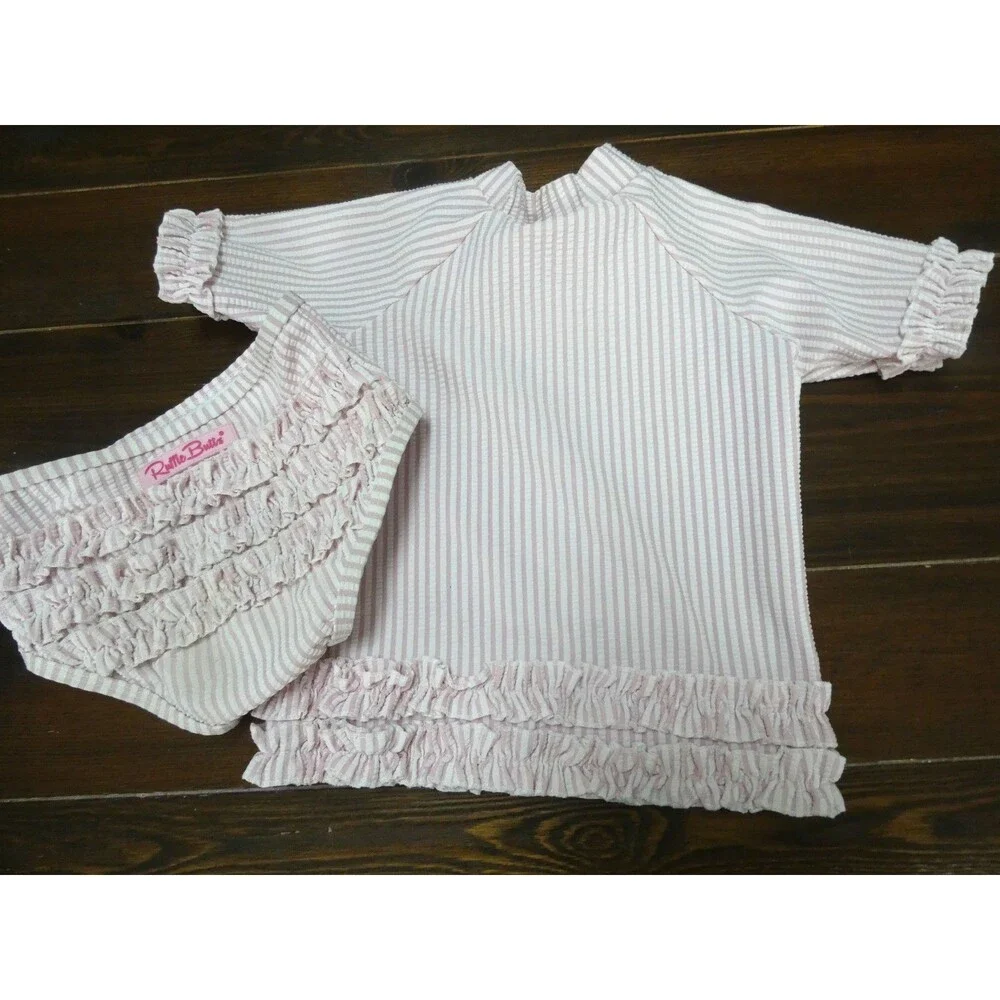 Ruffle Butts Girls 3T Swim Suit Set Pink White Striped Long Sleeve Top & Bottom